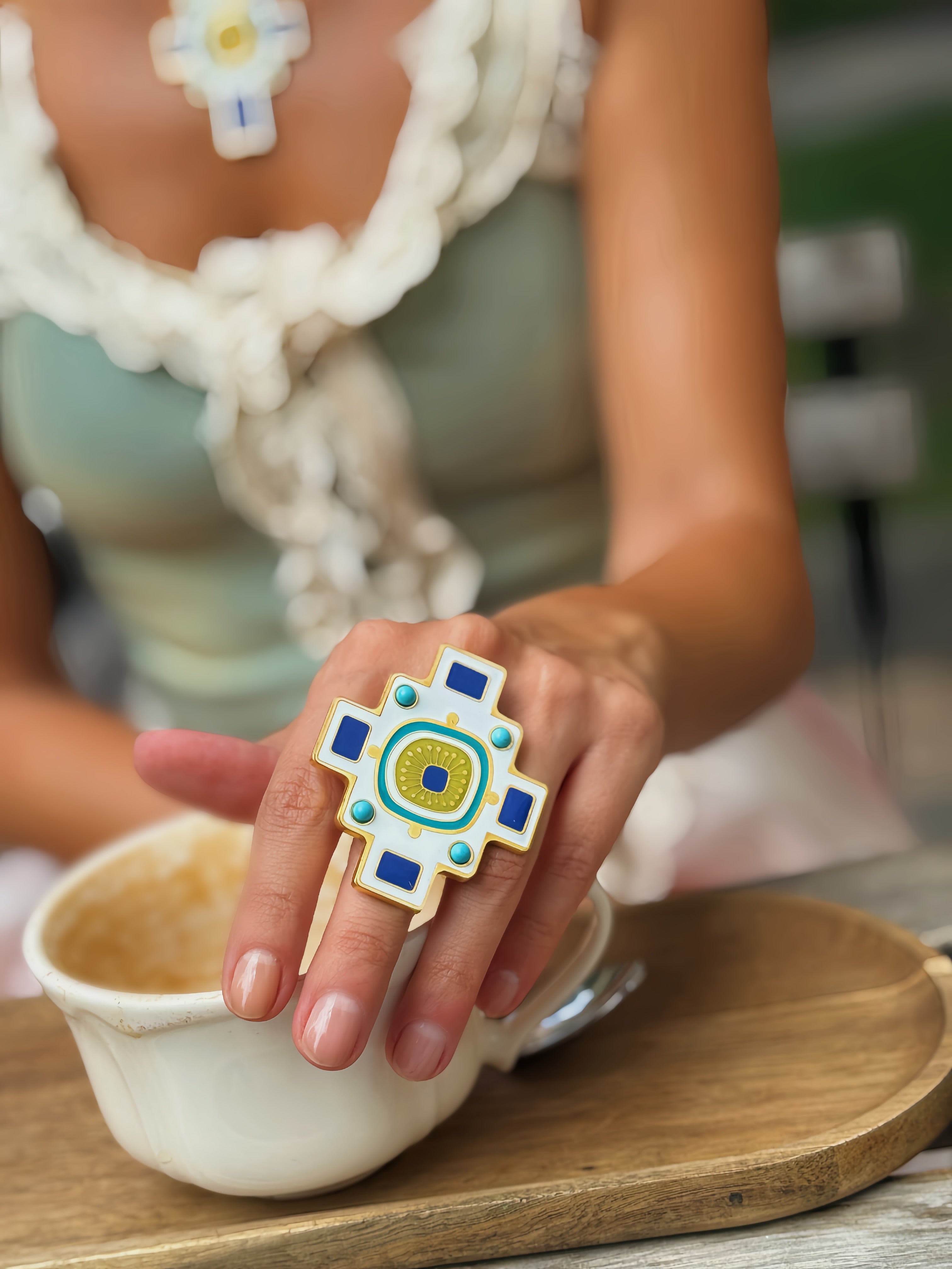 ბეჭედი ჯვარი ფირუზის ბუნებრივი ქვებით